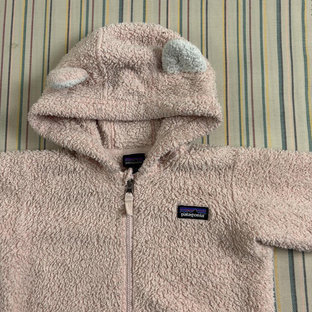 Patagonia Jacket Kids Toddler 3T Pink Sherpa Fleece Hooded Full Zip Bear Ears